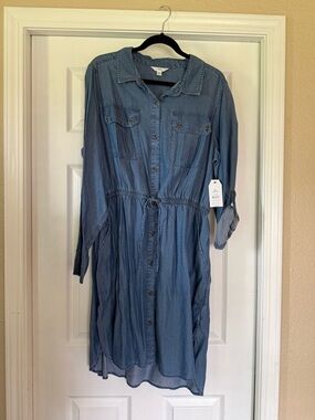 Light Blue Denim Shirt Dress with Drawstring Waist